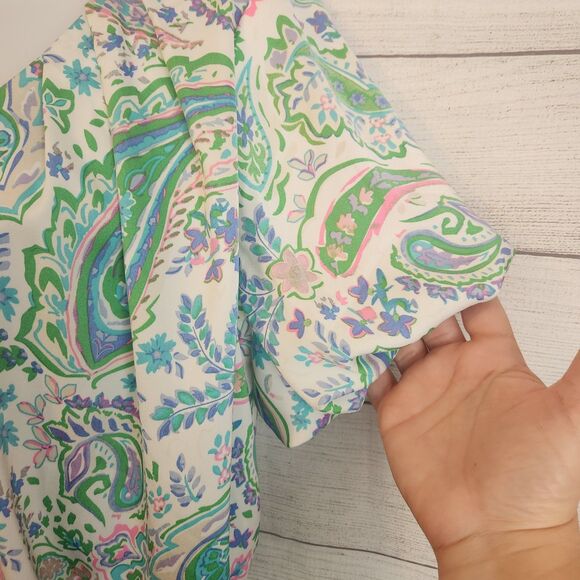 Entro S Green Paisley v-neck puff sleeve crop cottagecore Y2K Fairy Boho top - Picture 4 of 9